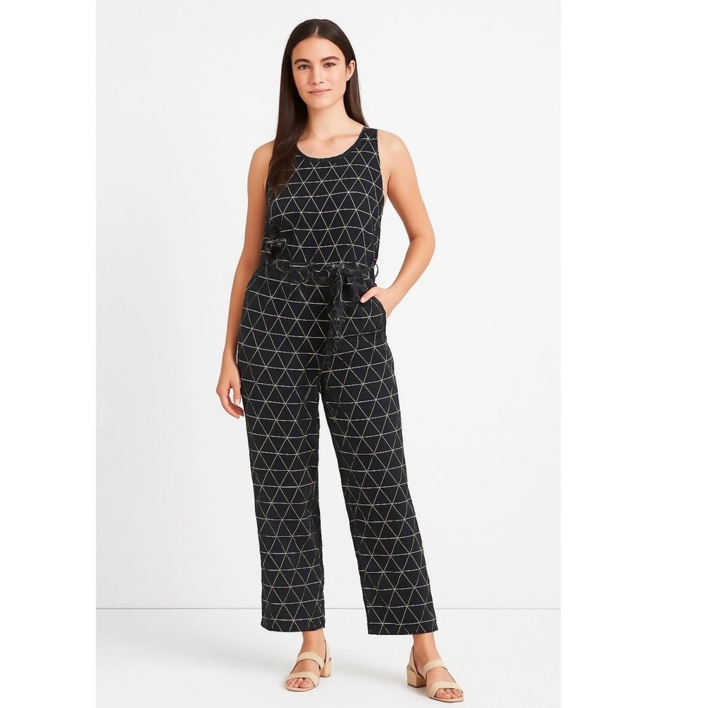 Madewell Jumpsuit Batik Drawstring Sleeveless L Black Geometric Triangle Print